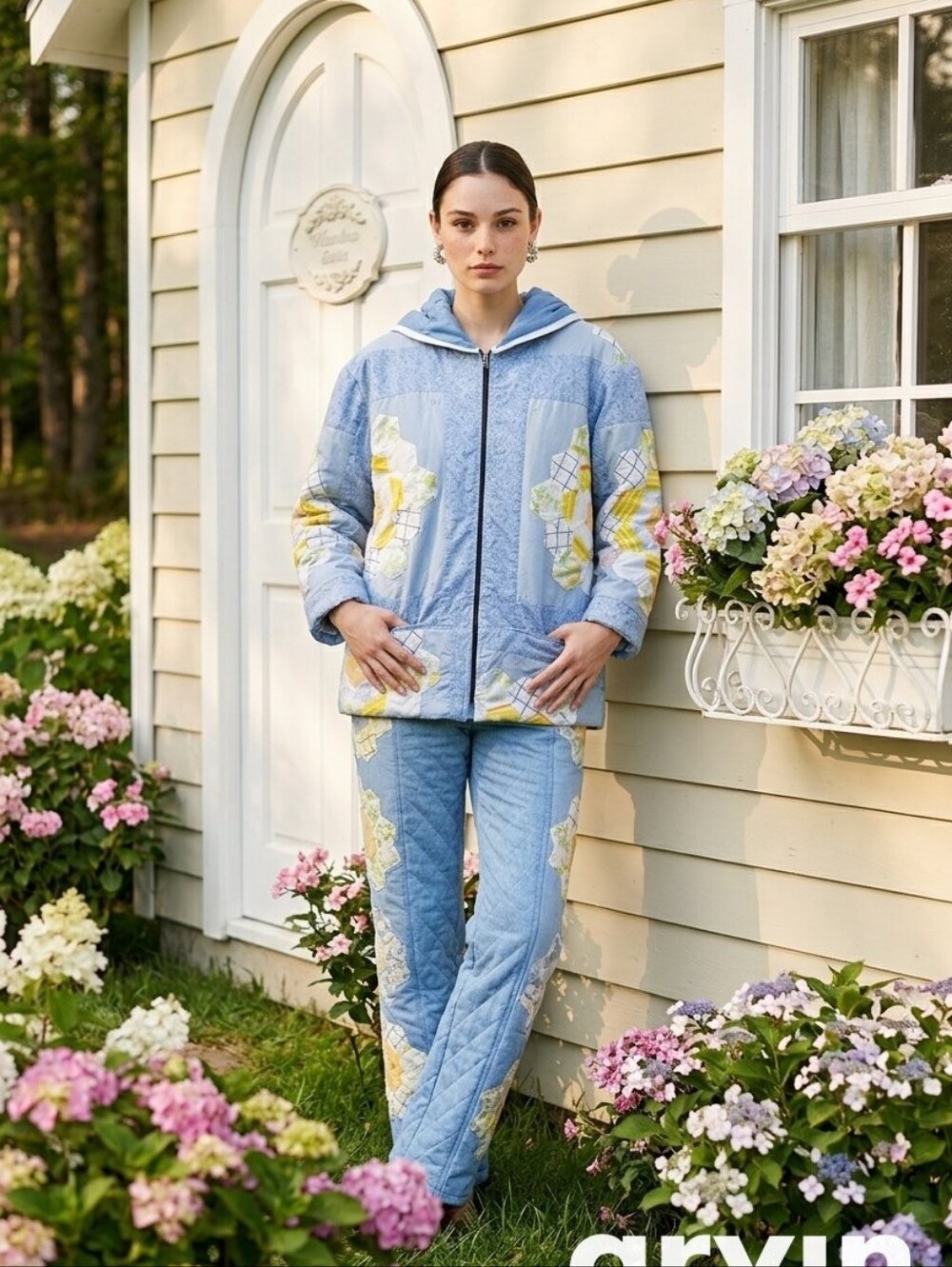 Handmade Upcycled Quilted Jacket / Hoodie - Blue and Yellow L/XL